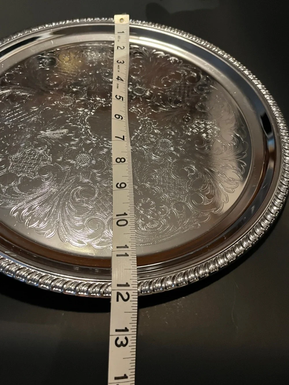 VTG Irvinware Chrome Plated 12.5 Inch Round Serving Tray Etched Design Made USA